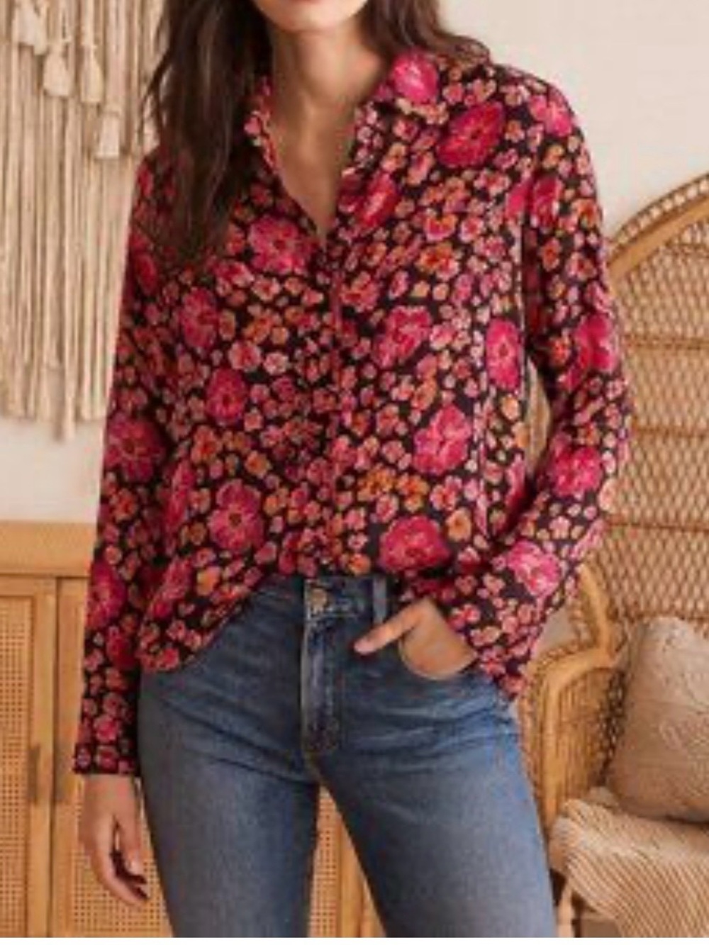 Pilcro Floral Button-Down Shirt in Pink and Black